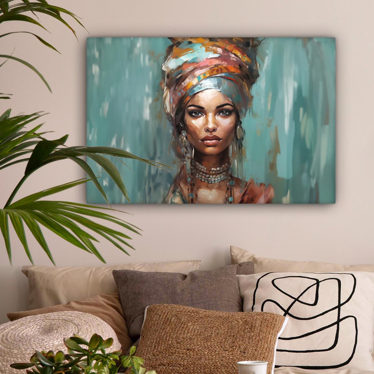 LEINWANDBILD Frau - Kunst - Schmuck - Porträt Gemälde 60x40 cm - Blaugrau, Textil (60/40cm) - MuchoWow