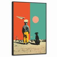 LEINWAND Bilder mit Rahmen - Retro - Junge - Hund - Rot - Grün - 60x90 - Orange, Textil (60/90cm) - MuchoWow