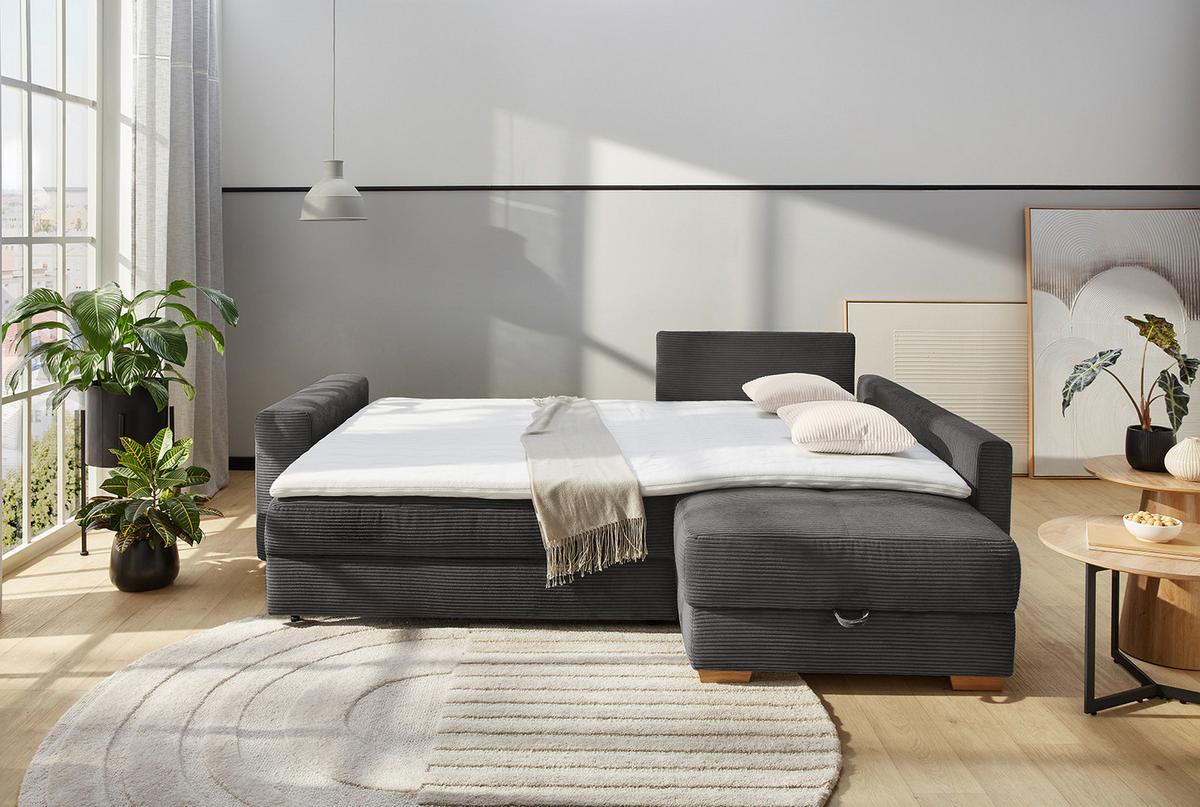 ECKSOFA-DAUERSCHLÄFER Boxspring Federkern Topper Bettkasten, seitenverkehrt montierbar B257/T206/H85 cm, Cord Dunkelgrau / 15211 - Dunkelgrau/Eichefarben, Holz/Textil (257/206cm) - luma-home