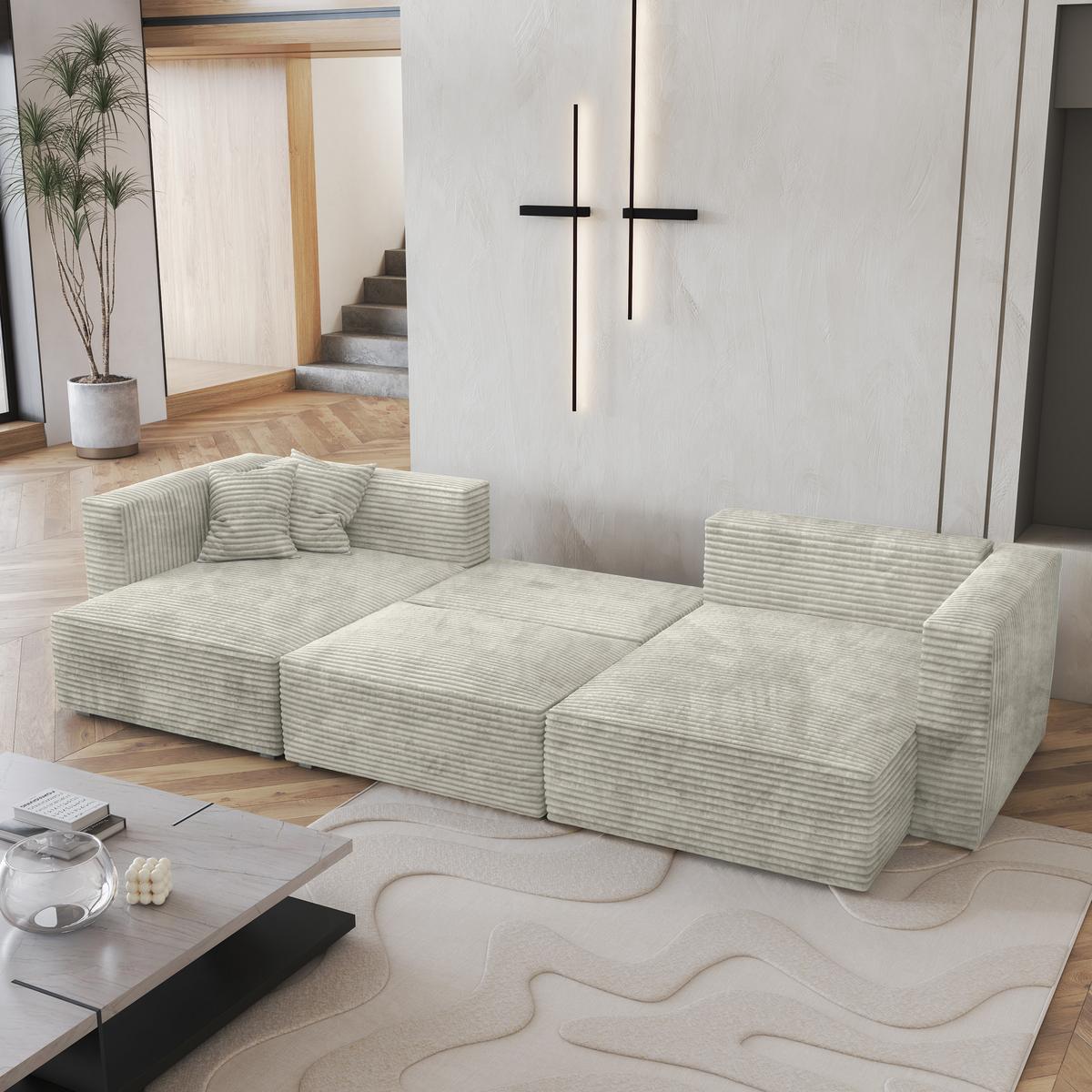 WOHNLANDSCHAFT SARMO Hellgrau Kordstoff mit Schlaffunktion - Hellgrau/Grau, Holz/Kunststoff (347/90/148cm) - MASSENO