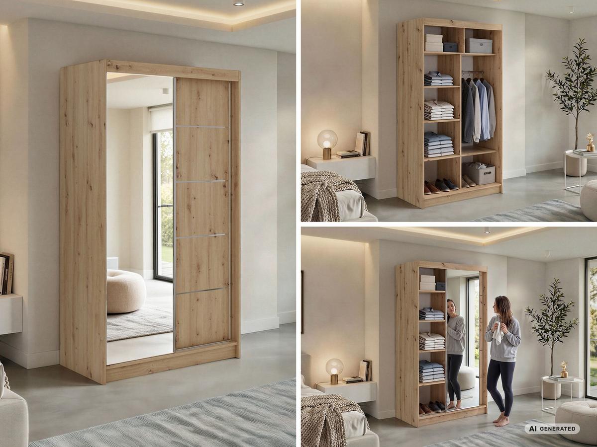 SCHWEBETÜRENSCHRANK 120 - SKORIA - Eiche Artisan mit Spiegel - Alufarben/Eiche Artisan, Holzwerkstoff/Metall (120/216/61cm) - MKS
