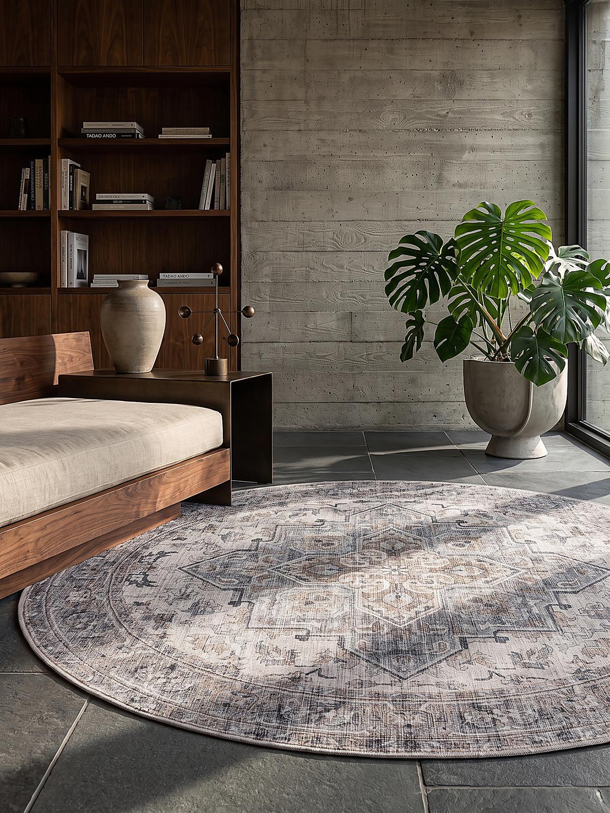 TEPPICH Kurzflor, waschbar, mit Medaillon, VERNANTE in Beige-Grau, Ø 120 cm - Beige, Textil (120/120cm) - KADIMA DESIGN