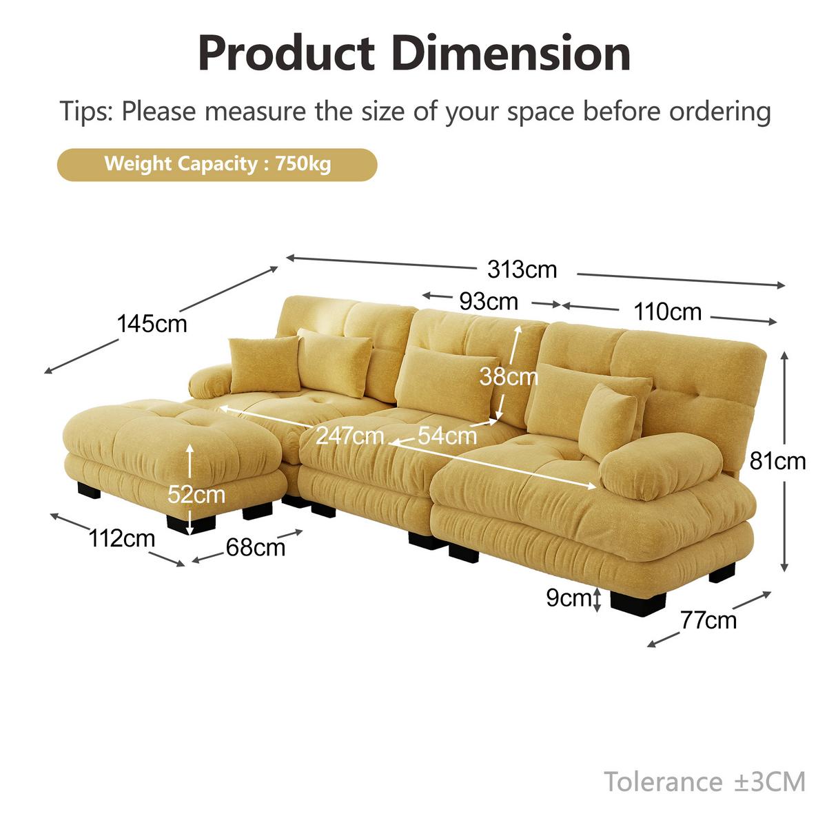ECKSOFA Modulares 313cm Chenille Cloud-Sofa mit Ottoman für das Wohnzimmer - Gelb, Textil (313/145cm) - Urban Meuble