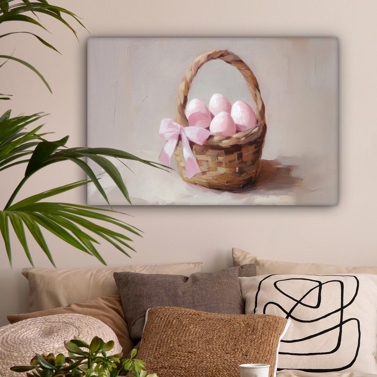 LEINWANDBILD Korb - Eier - Rosa Gemälde 60x40 cm - Beige, Textil (60/40cm) - MuchoWow