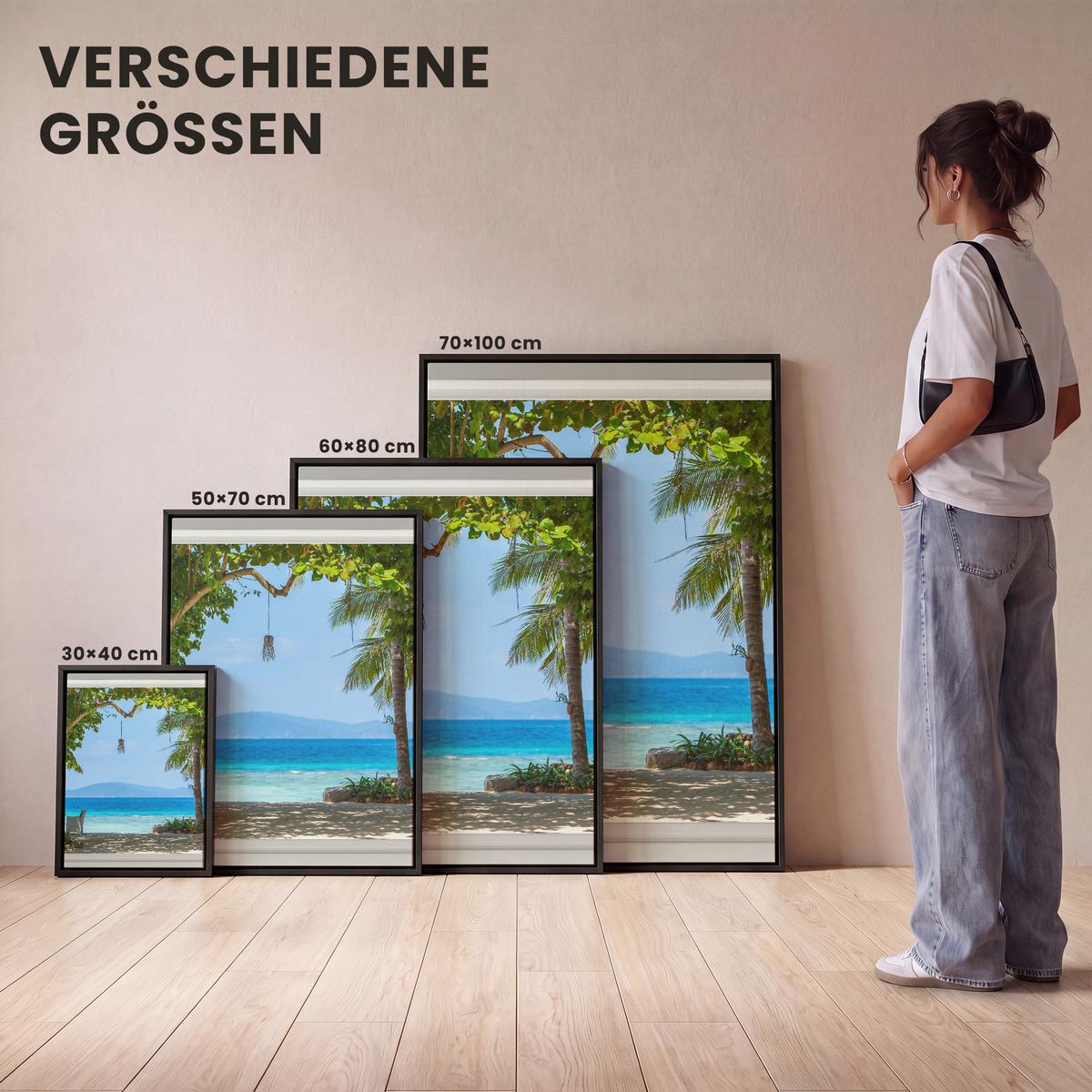 LEINWAND Bilder mit Rahmen - Aussicht - Baum - Meer - Palme - Hügel - Strand - Blau - 60x80 - Blau, Textil (60/80cm) - MuchoWow