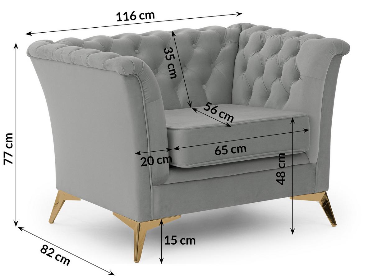 CHESTERFIELD-SESSEL Whitby Grau Samt mit goldenen Füßen - Goldfarben/Grau, Holz/Textil (116/78/82cm) - S-Style Möbel