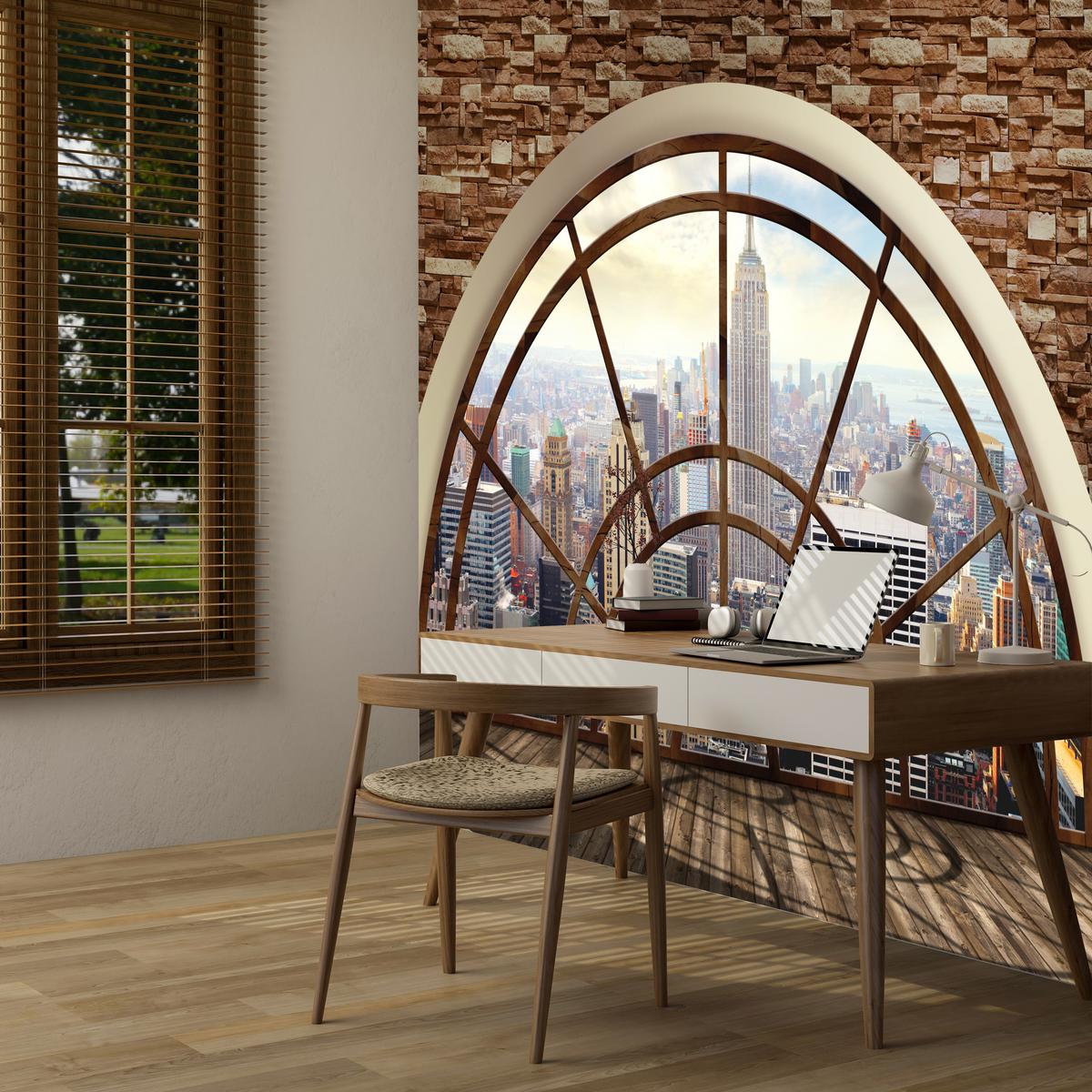 FOTOTAPETE für Wohnzimmer New York Fensterblick Panorama Stadt 150x105 - Beige/Braun, Papier (150/105cm) - Muralo