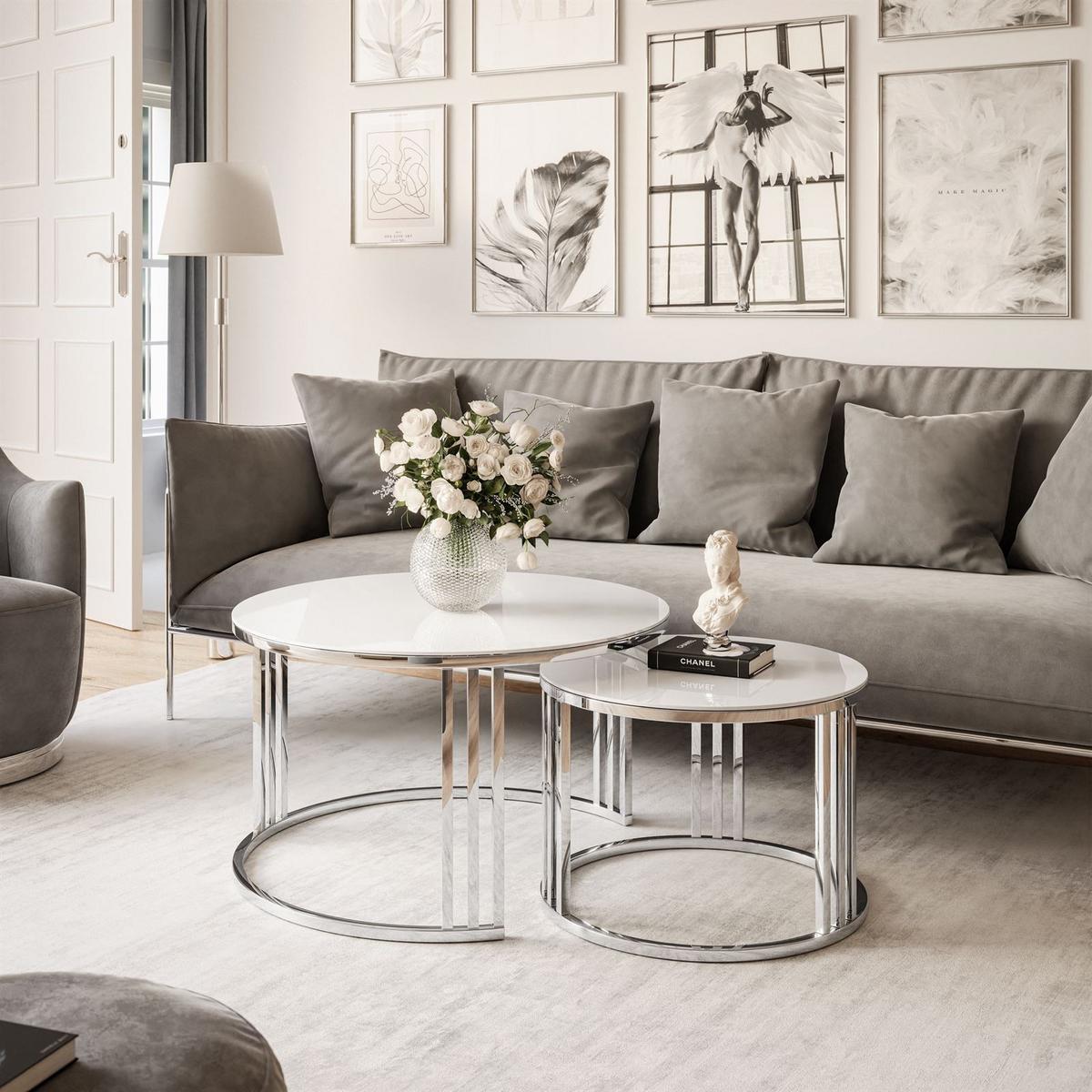 COUCHTISCH 2 in 1 LORI GLASS verchromt silber - Silberfarben/Weiß, Glas (70/70/48cm) - Lookway