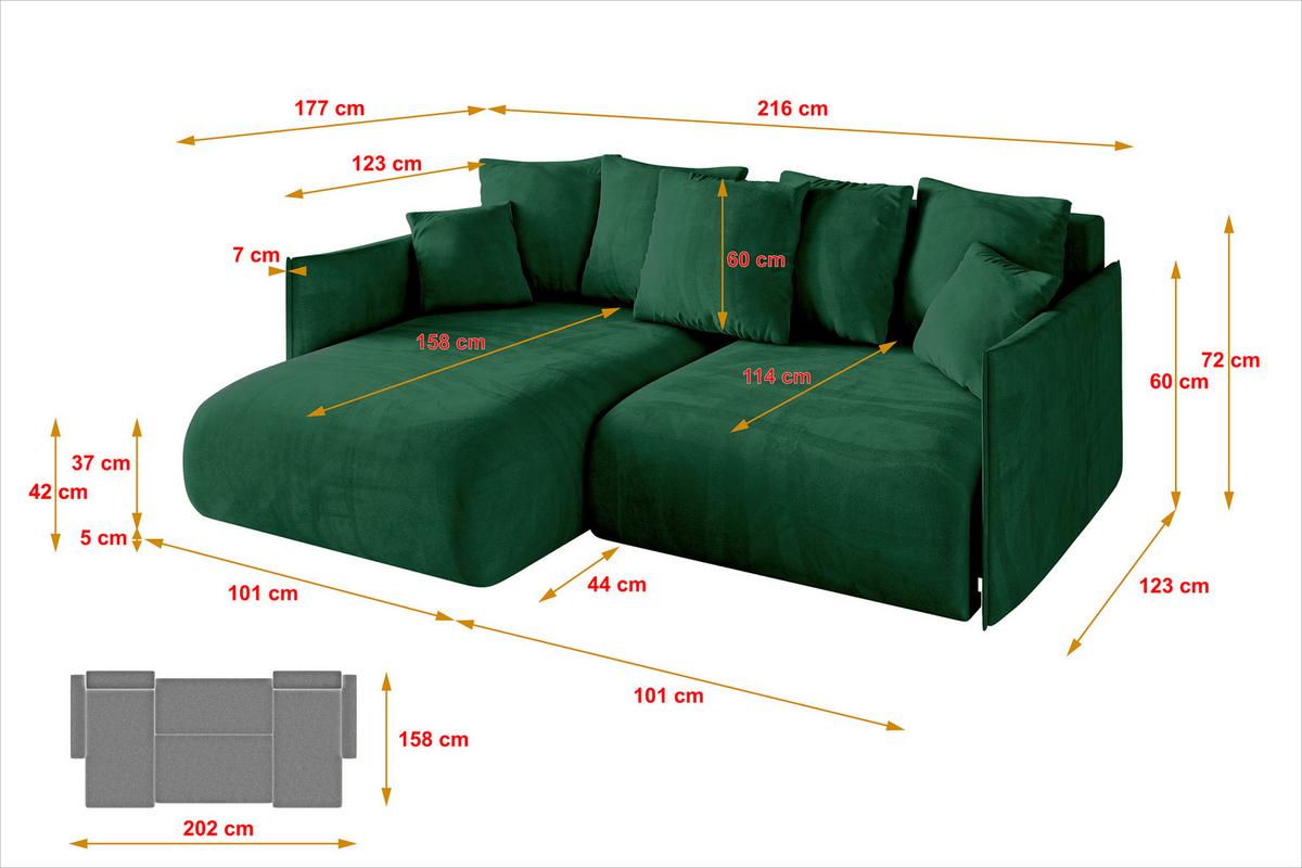 ECKSOFA Ottomane links ONESK-L 216x177x72 Grün Velours - Grün, Holzwerkstoff/Kunststoff (216/177cm) - ALTDECOR