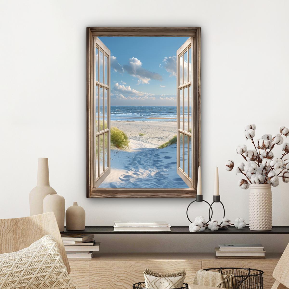 LEINWANDBILD Aussicht - Strand - Fenster - Dünen - Meer Wanddeko 40x60 cm - Hellblau, Textil (40/60cm) - MuchoWow