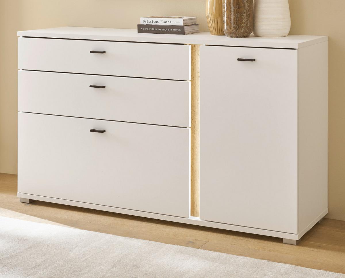 SIDEBOARD weiß matt, Eiche Wotan 150 cm, Kommode inklusive Frontbeleuchtung - Eiche Wotan/Silberfarben, Holzwerkstoff/Kunststoff (150/86/42cm) - Furn.Design