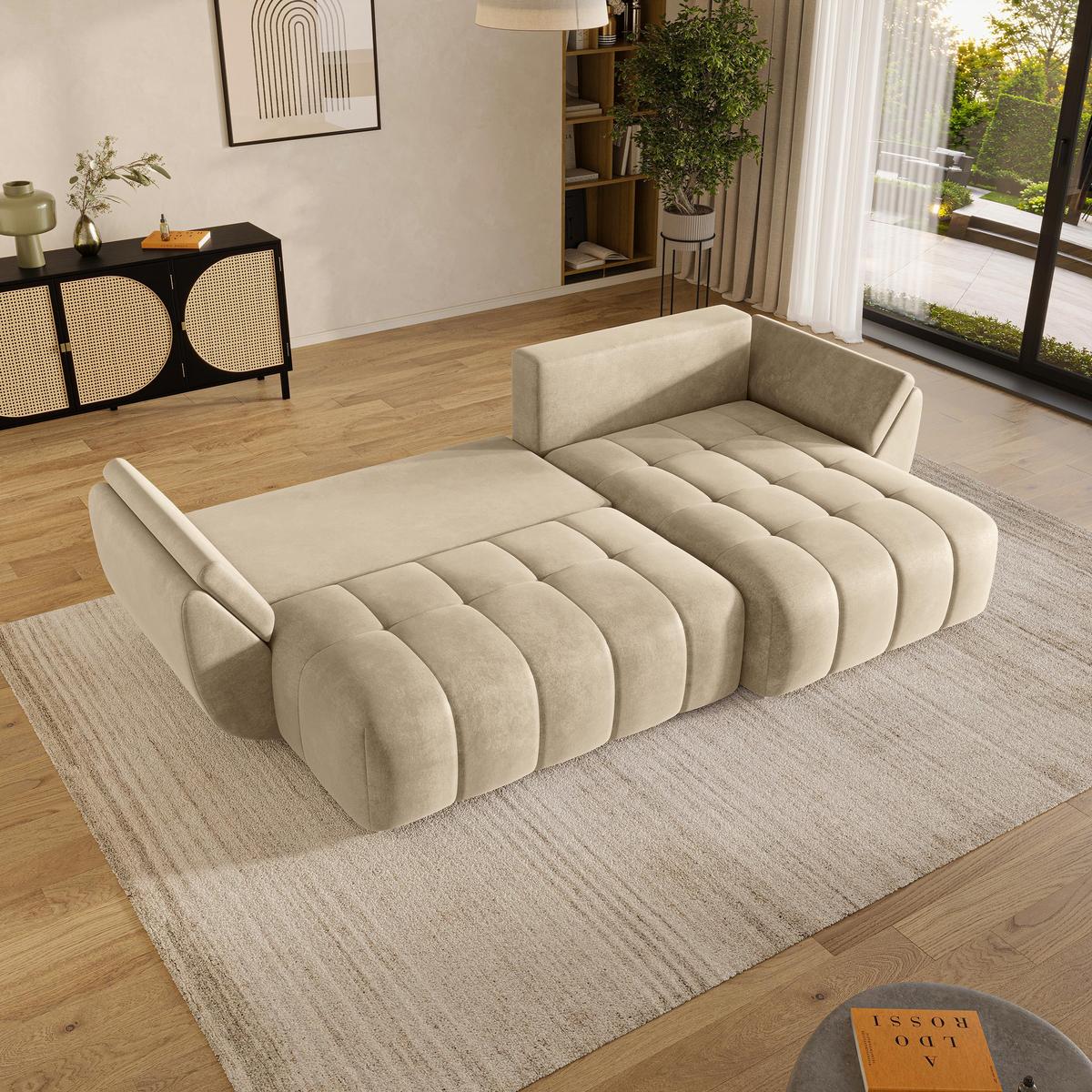 ECKSOFA OLSI Creme Velours-Stoff mit Schlaffunktion - Creme, Holz (285/148cm) - MASSENO