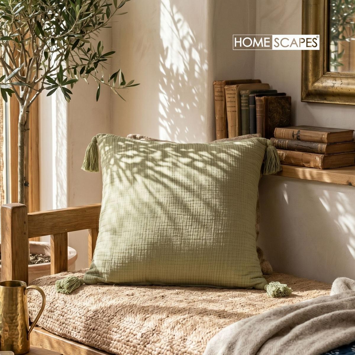 DEKOKISSEN Musselin salbei mit Quasten, 45/45 cm - Salbeigrün, Textil (45/45cm) - Homescapes