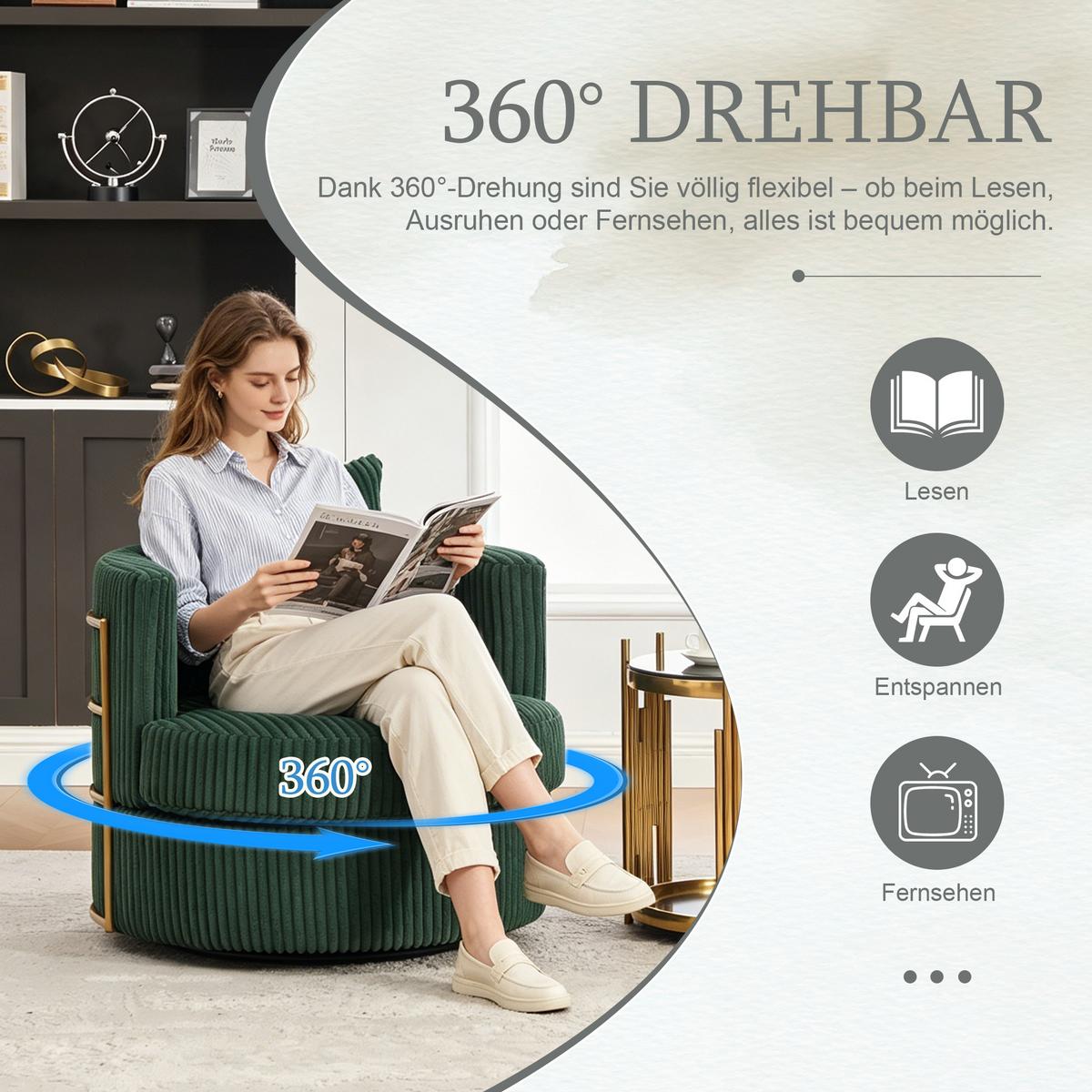 DREHSESSEL Dunkelgrün Cord mit Stauraum & 360° Drehfunktion - Smaragdgrün, Textil (76/65/79cm) - Urban Meuble