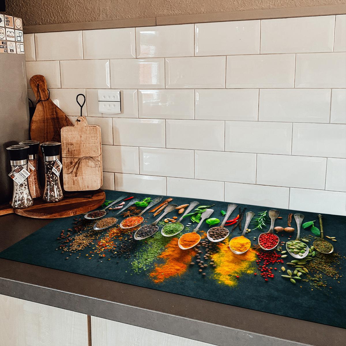 HERDABDECKPLATTE Kräuter - Gewürze - Löffel Induktionsschutz 91.2x52 cm - Multicolor, Kunststoff (91.2/52/0.2cm) - MuchoWow