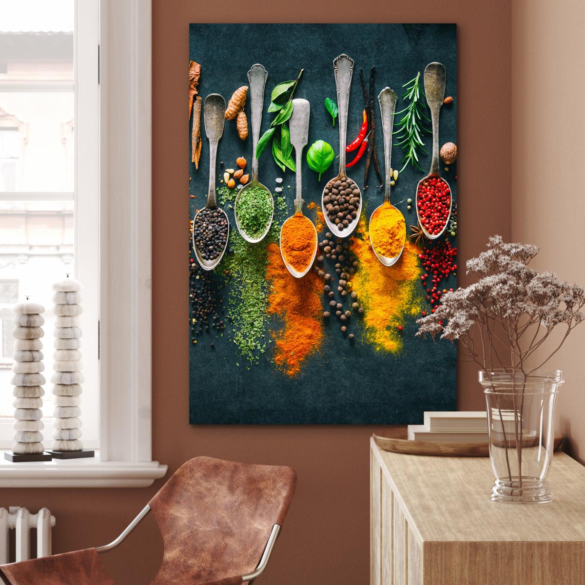 METALLBILD Kräuter - Gewürze - Löffel 80x120 cm - Currygelb, Metall (80/120cm) - MuchoWow