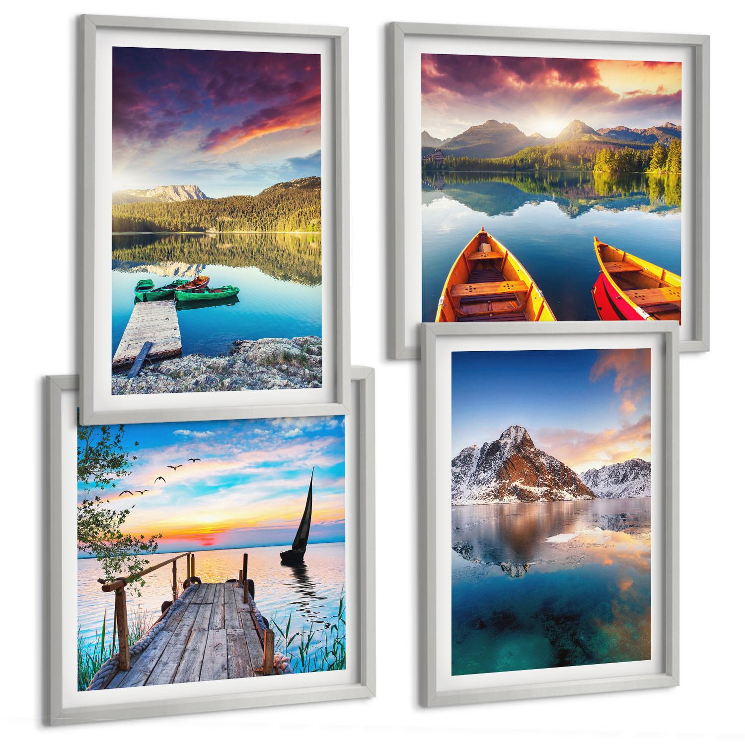 BILDER SET 4er Set - 50x50 cm & 40x60 cm Silberner Rahmen - Seen- und Berglandschaft Łódź - Silberfarben, Kunststoff (50/50cm) - TULUP