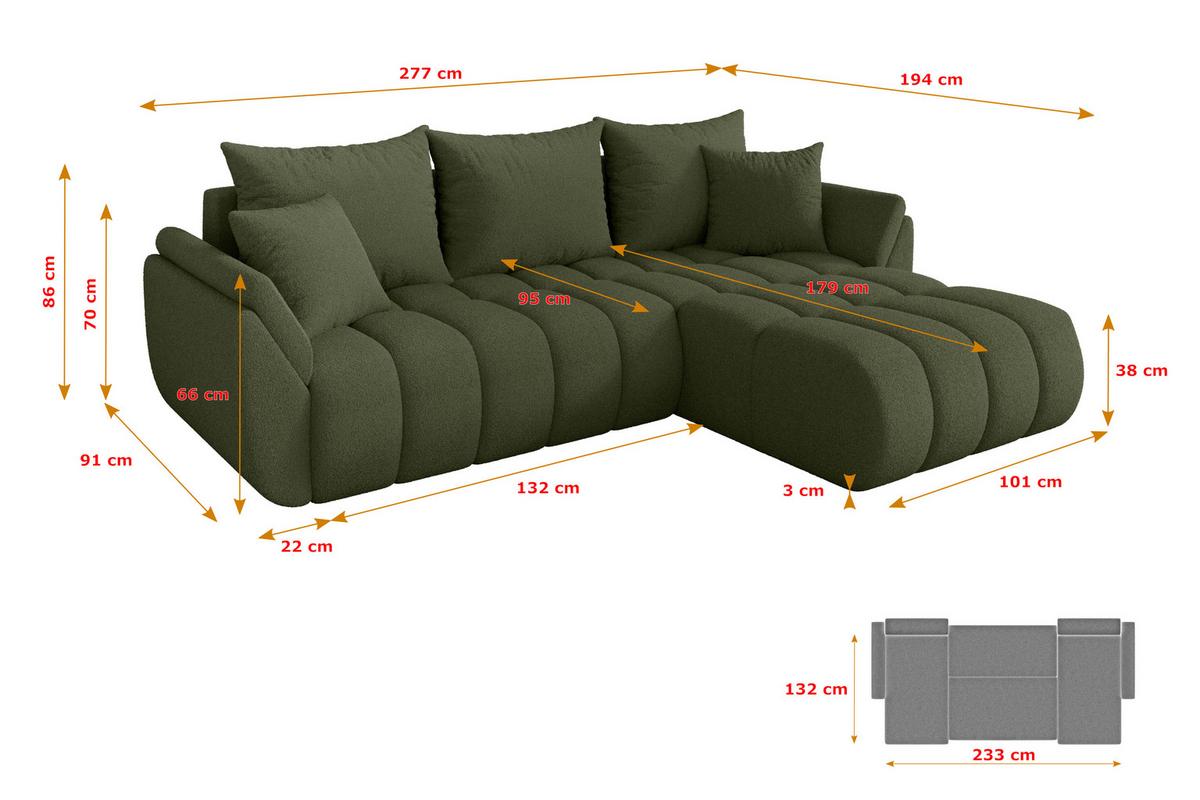 ECKSOFA mit Schlaffunktion Ottomane Rechts TOKO-L-v1 277x194x86 Grün Bouclé - Schwarz/Olivgrün, Holzwerkstoff/Kunststoff (277/194cm) - ALTDECOR
