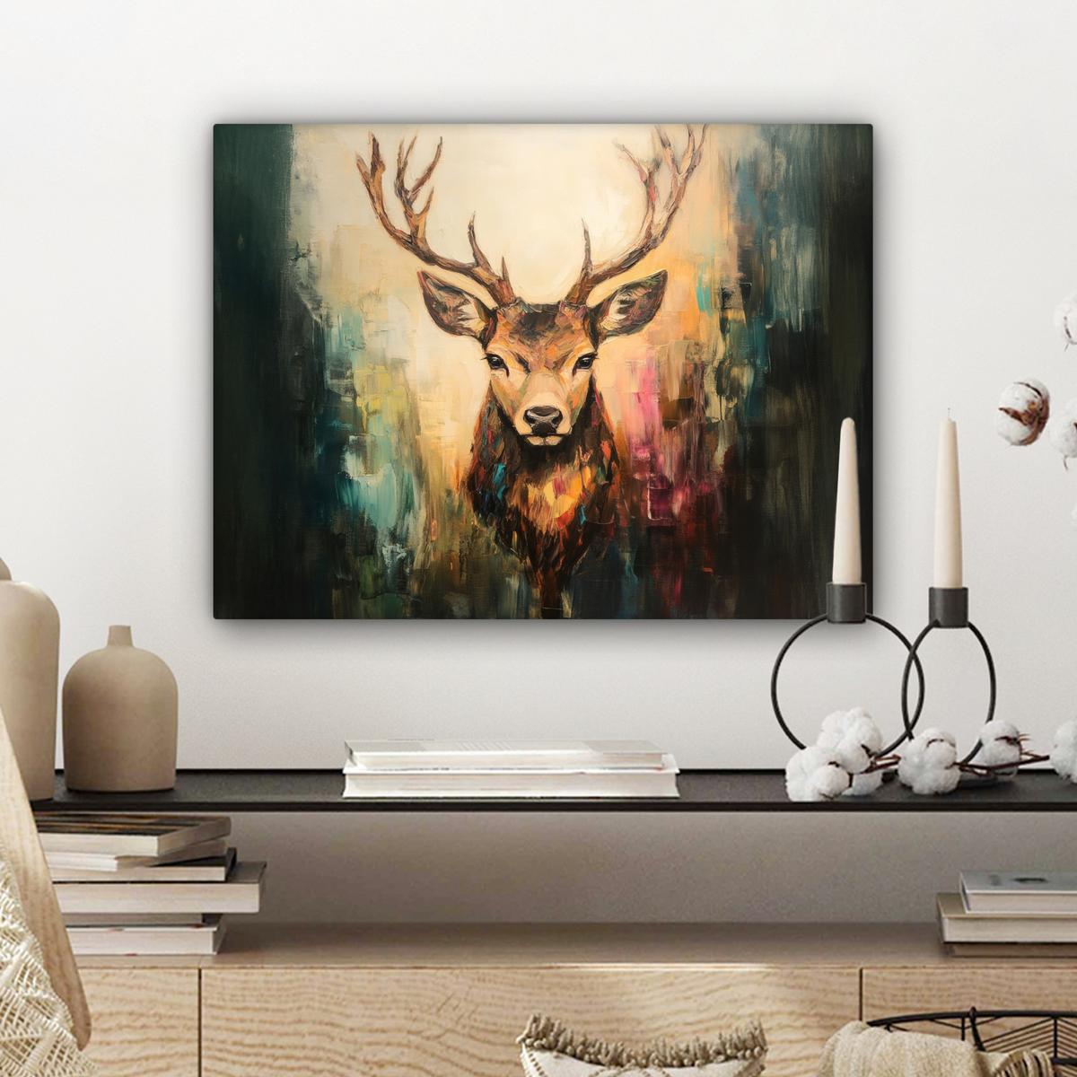 LEINWANDBILD Hirsch - Gemalt - Geweih - Braun Wandbild 40x30 cm - Haselnussfarben, Textil (40/30cm) - MuchoWow