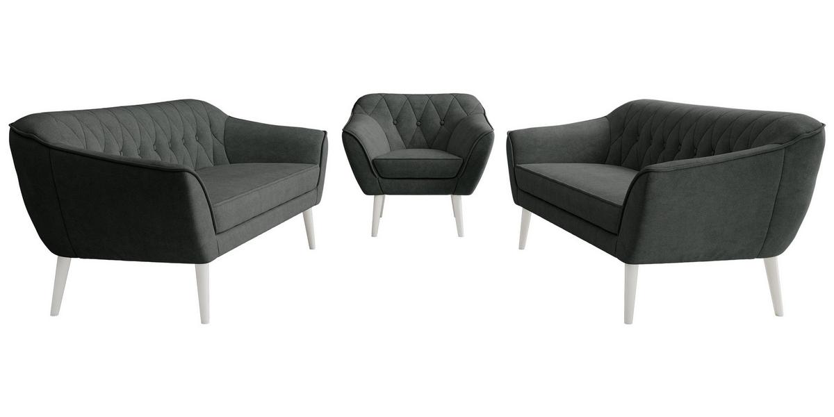 SITZGARNITUR PIRS 3+3+1 - Dunkelgrau Strukture - Weiße Beine - Dunkelgrau/Graphitfarben, Holzwerkstoff/Textil (180/75/74cm) - MKS