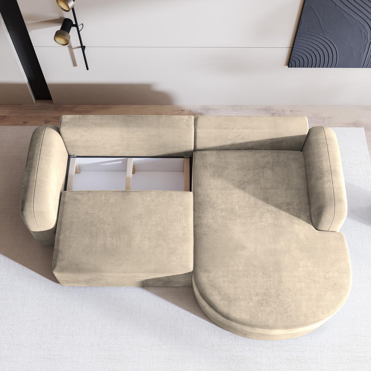 ECKSOFA AMILIA M R-S Creme Velours-Stoff mit Schlaffunktion - Creme, Holz (263/174cm) - MASSENO