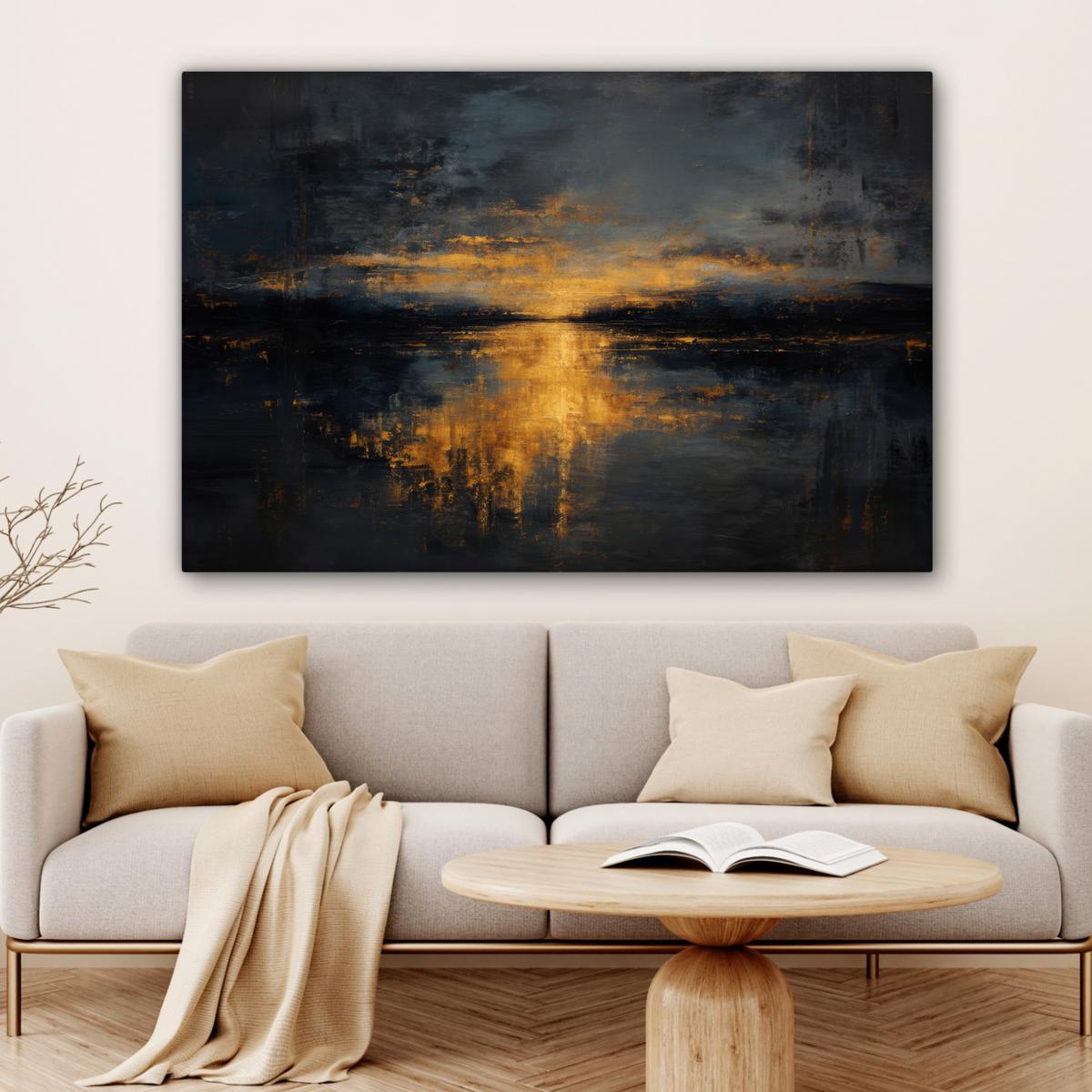 LEINWANDBILD Goldene Reflexion auf dem Wasser Wohnzimmer Groß 120x80 cm - Anthrazit, Textil (120/80cm) - MuchoWow