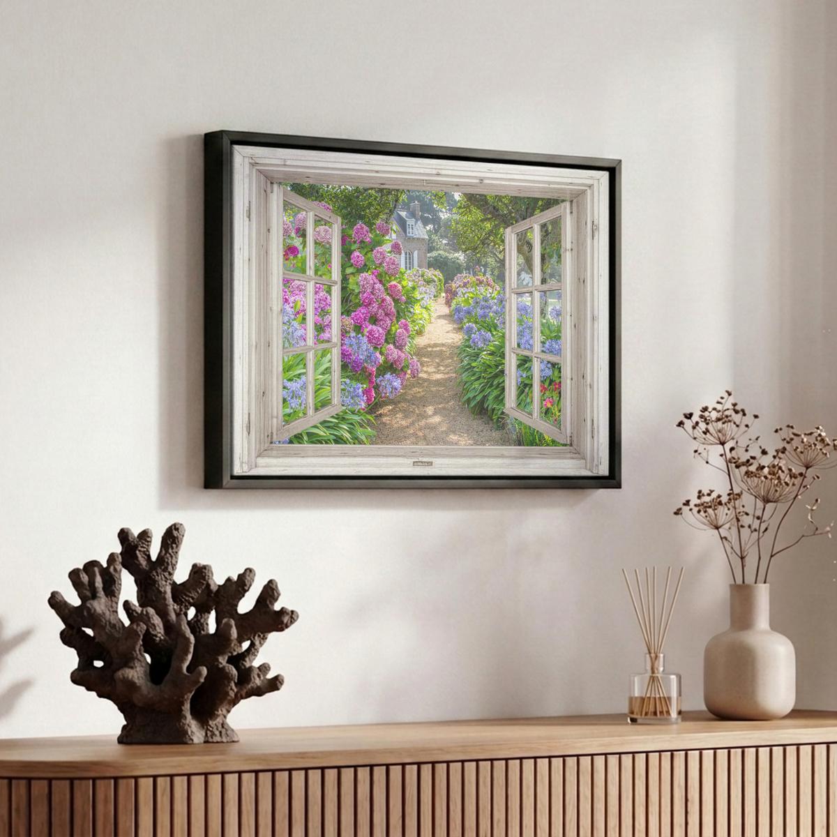 LEINWAND Bilder mit Rahmen - Hortensie - Durchsichtig - Blumen - Sommer - Lila - Weg - 30x20 - Lila, Textil (30/20cm) - MuchoWow