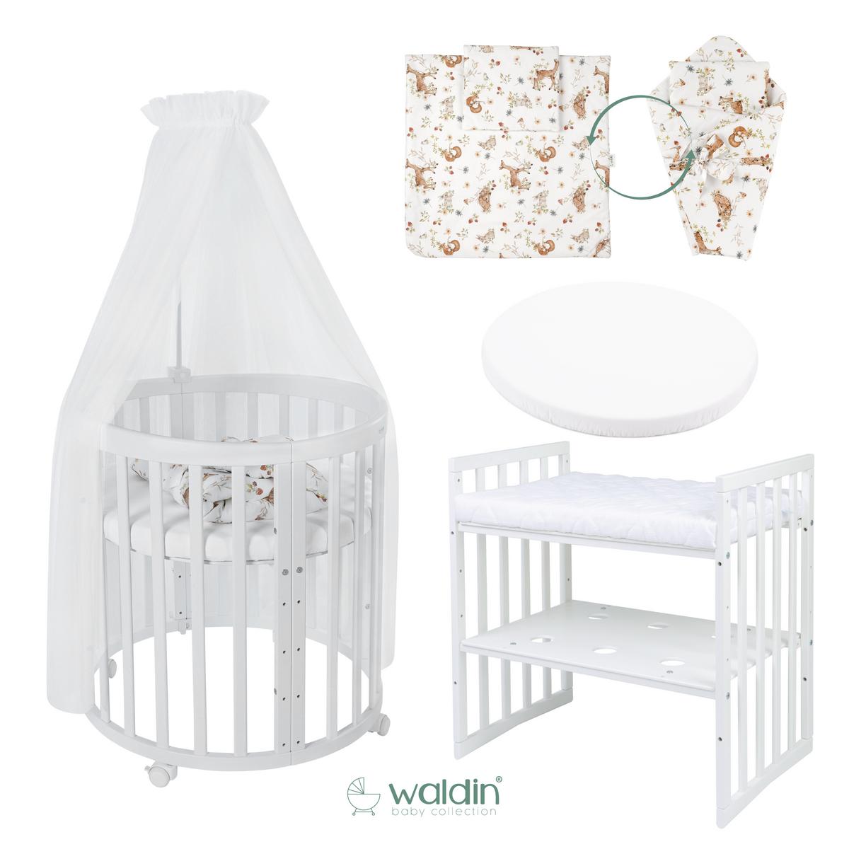BABYBETT NATUR OVAL 7in1 mit Matratze und Himmelset - Multicolor/Naturfarben, Holz/Textil (73/125cm) - waldin
