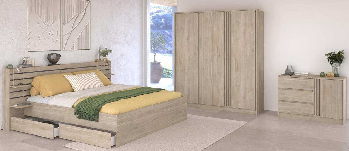 SCHLAFZIMMER-SET 3-teilig Eiche japanisch, Komplettset mit Bett 180 x 200 cm - Eichefarben, Holzwerkstoff/Metall (236/203/217cm) - Parisot Meuble