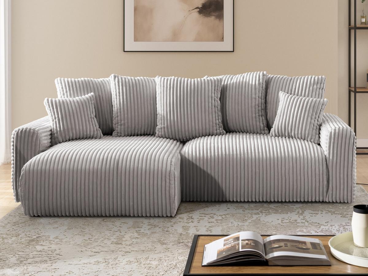 ECKSOFA Calma mit Schlaffunktion und Bettkasten im Bumpy-Design aus weichem Hellgrau Plüschcord - Ottomane links - Hellgrau/Schwarz, Holz/Kunststoff (239/140cm) - S-Style