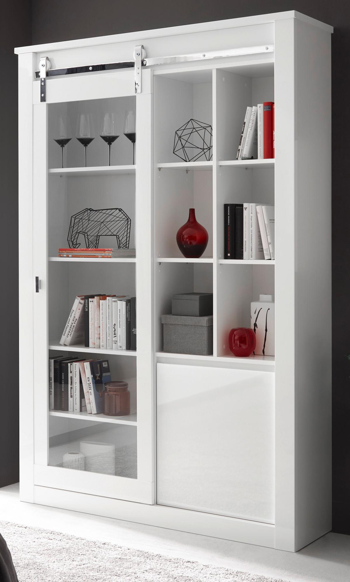 VITRINE weiß Hochglanz 133 x 201 cm, Vitrinenschrank inklusive LED-Beleuchtung, Soft-Close - Chromfarben/Weiß Hochglanz, Glas/Holzwerkstoff (133/153/38cm) - Furn.Design