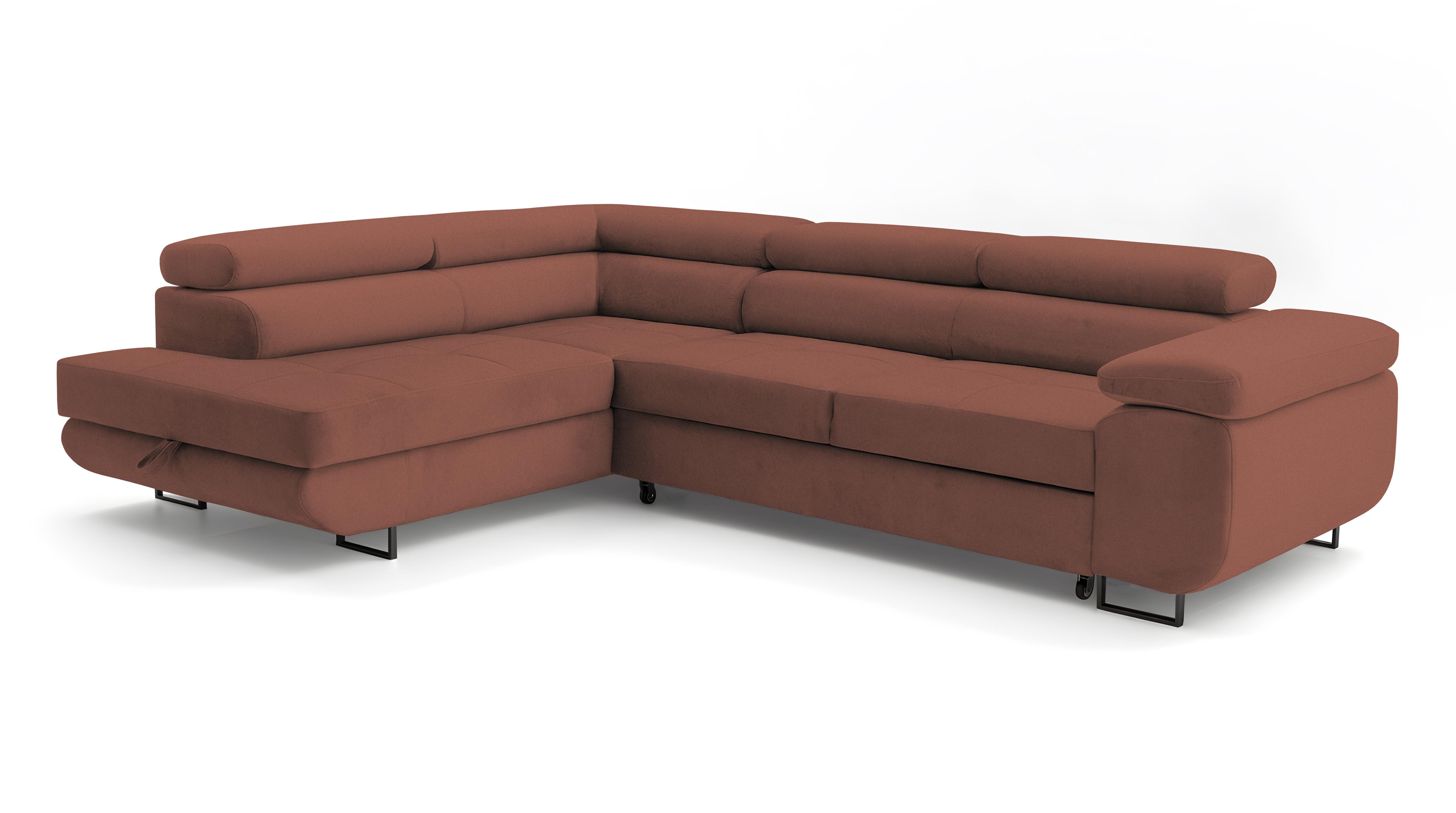 ECKSOFA Velmo mit Bettkasten und Schlaffunktion, verstellbaren Kopfstützen, in L-Form - Hellrosa, Textil (275/203cm)