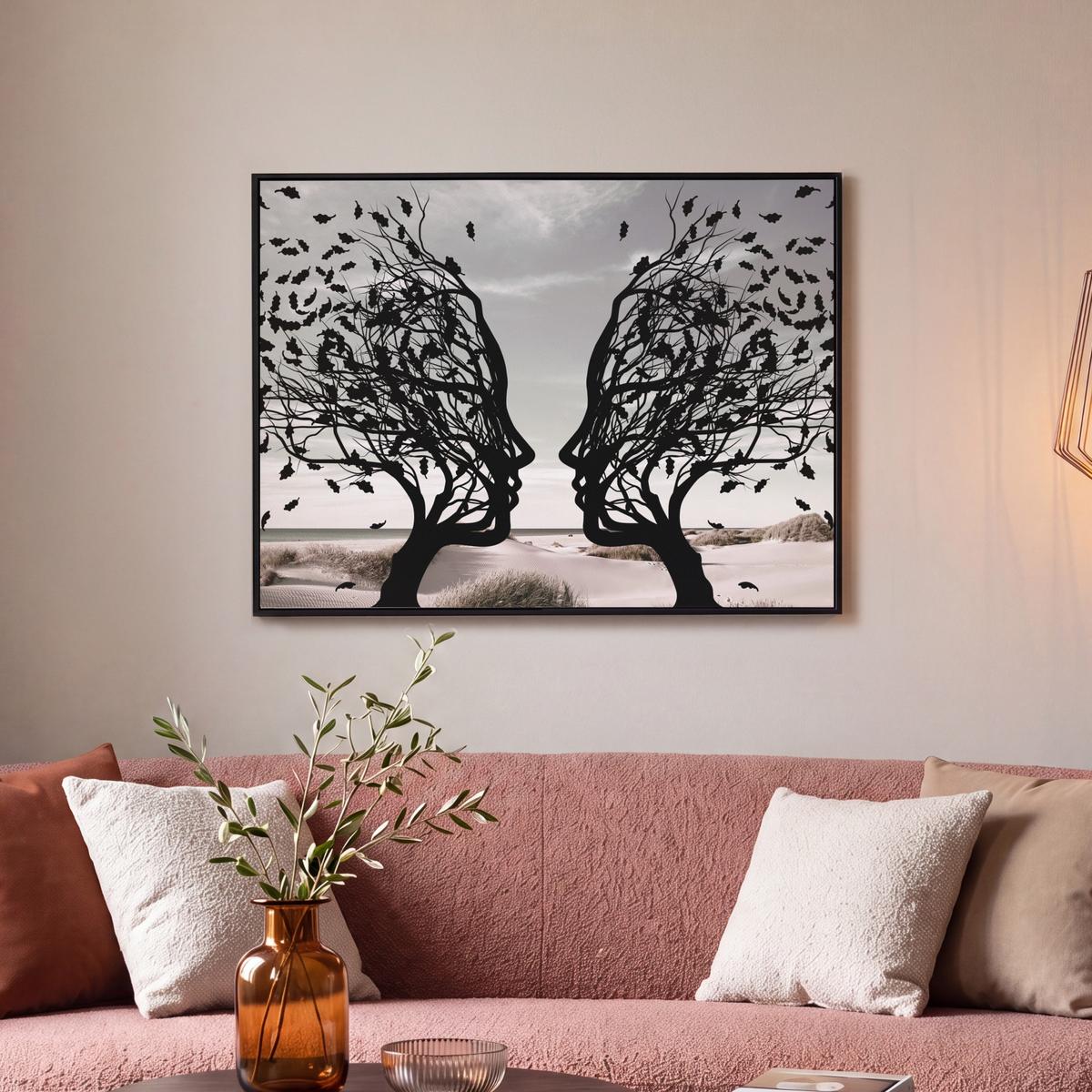 LEINWAND Bilder mit Rahmen - Strand - Meer - Menschen - Baum - Moderne Kunst - 70x50 - Hellgrau, Textil (70/50cm) - MuchoWow