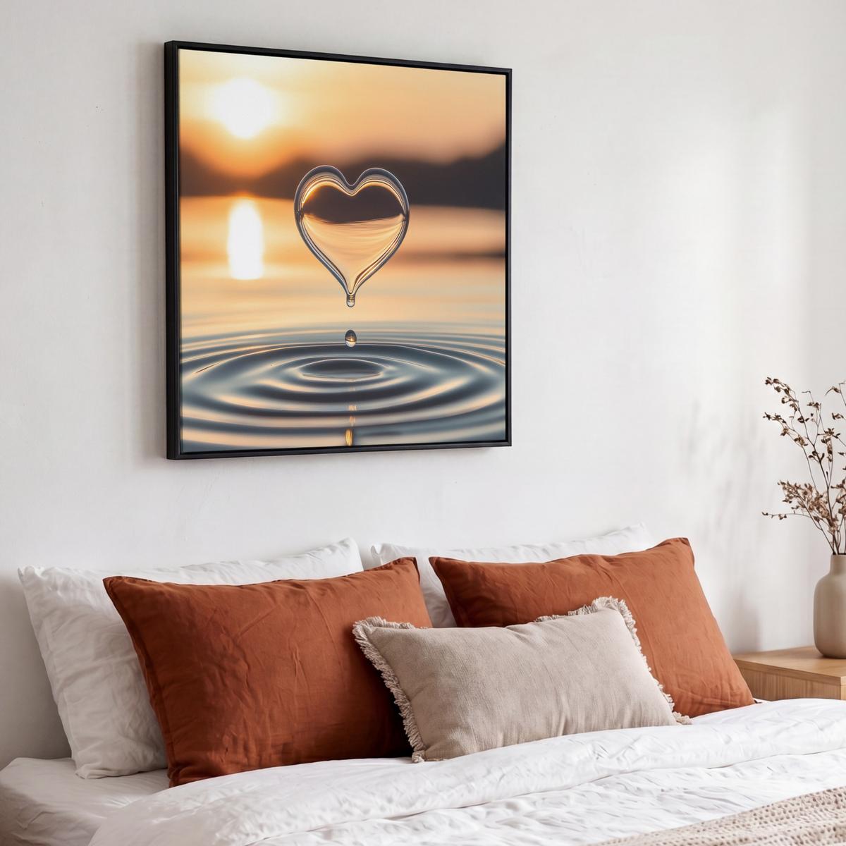 LEINWAND Bilder mit Rahmen - Herz - Wasser - Sonnenuntergang - Natur - Zen - 50x50 - Bernsteinfarben, Textil (50/50cm) - MuchoWow