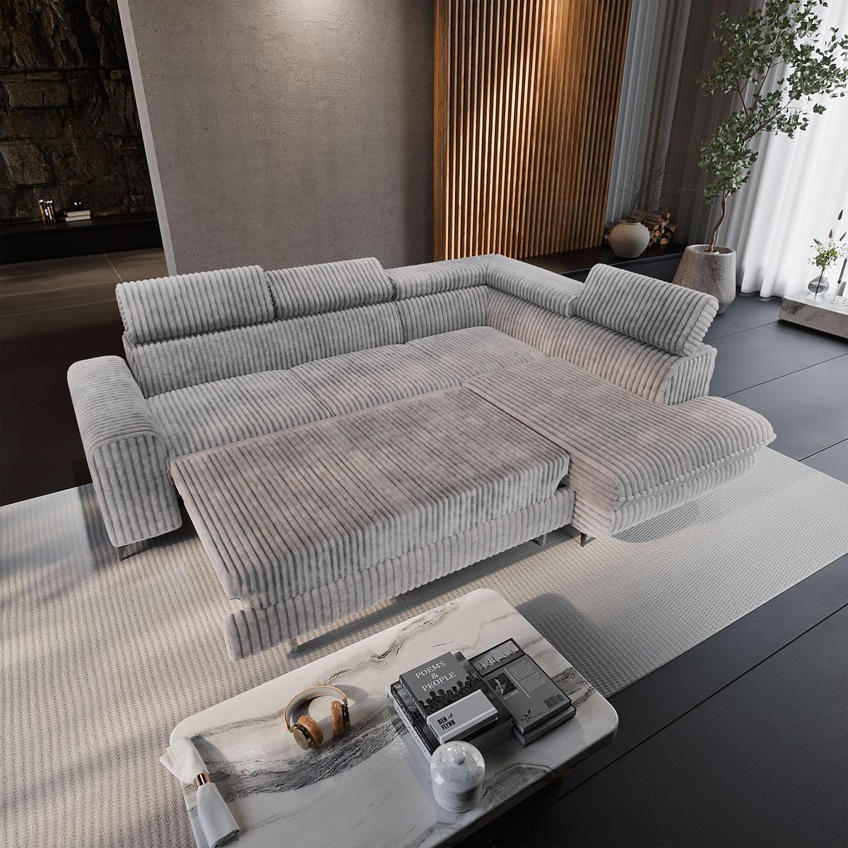 ECKSOFA VELISS Hellgrau Kordstoff mit Schlaffunktion - Hellgrau, Holz (255/193cm) - MASSENO