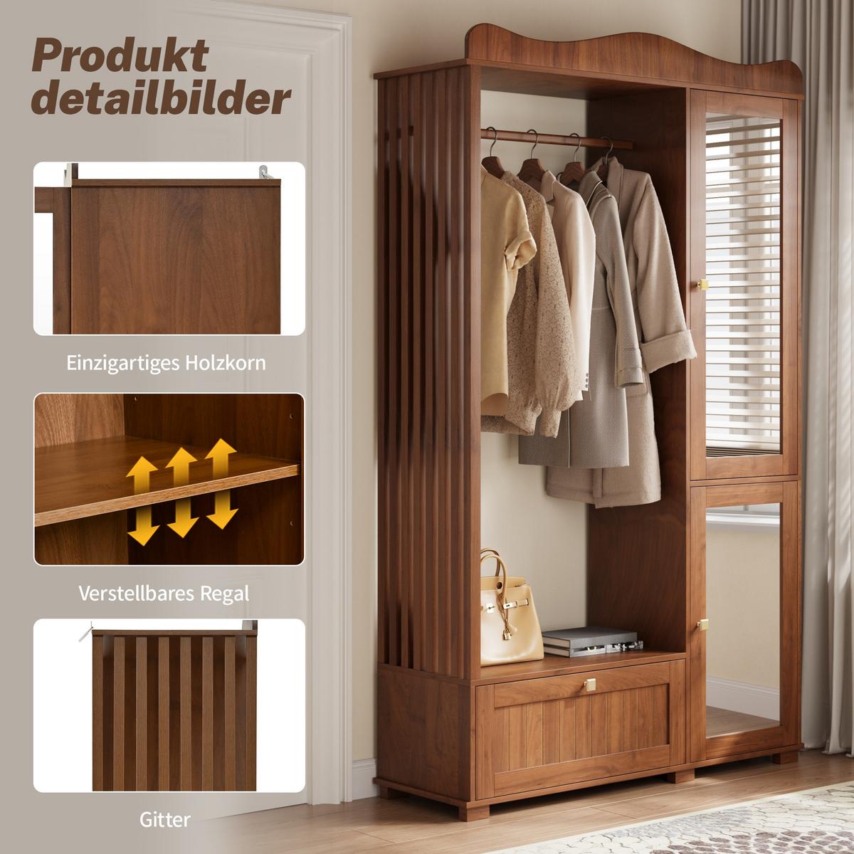 GARDEROBENSCHRANK in walnuss-optik mit spiegel & kleiderstange - Walnussfarben, Holzwerkstoff (115.5/194.5/38.5cm) - Urban Meuble