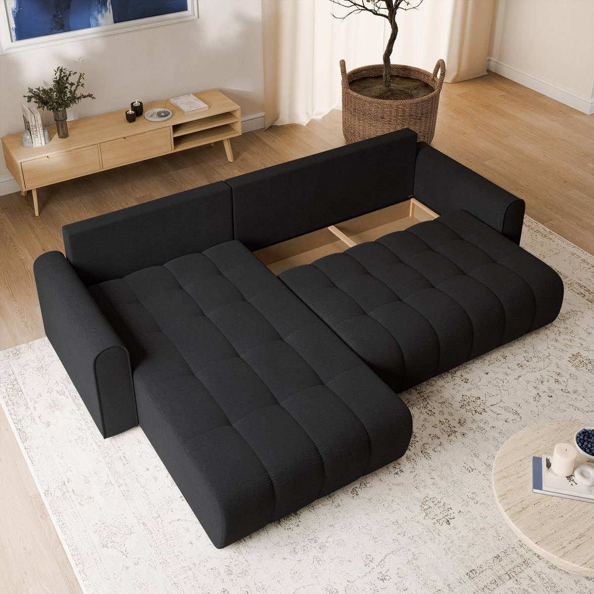 ECKSOFA FRIGA Schwarz Strukturstoff mit Schlaffunktion - Schwarz, Holz (283/185cm) - MASSENO