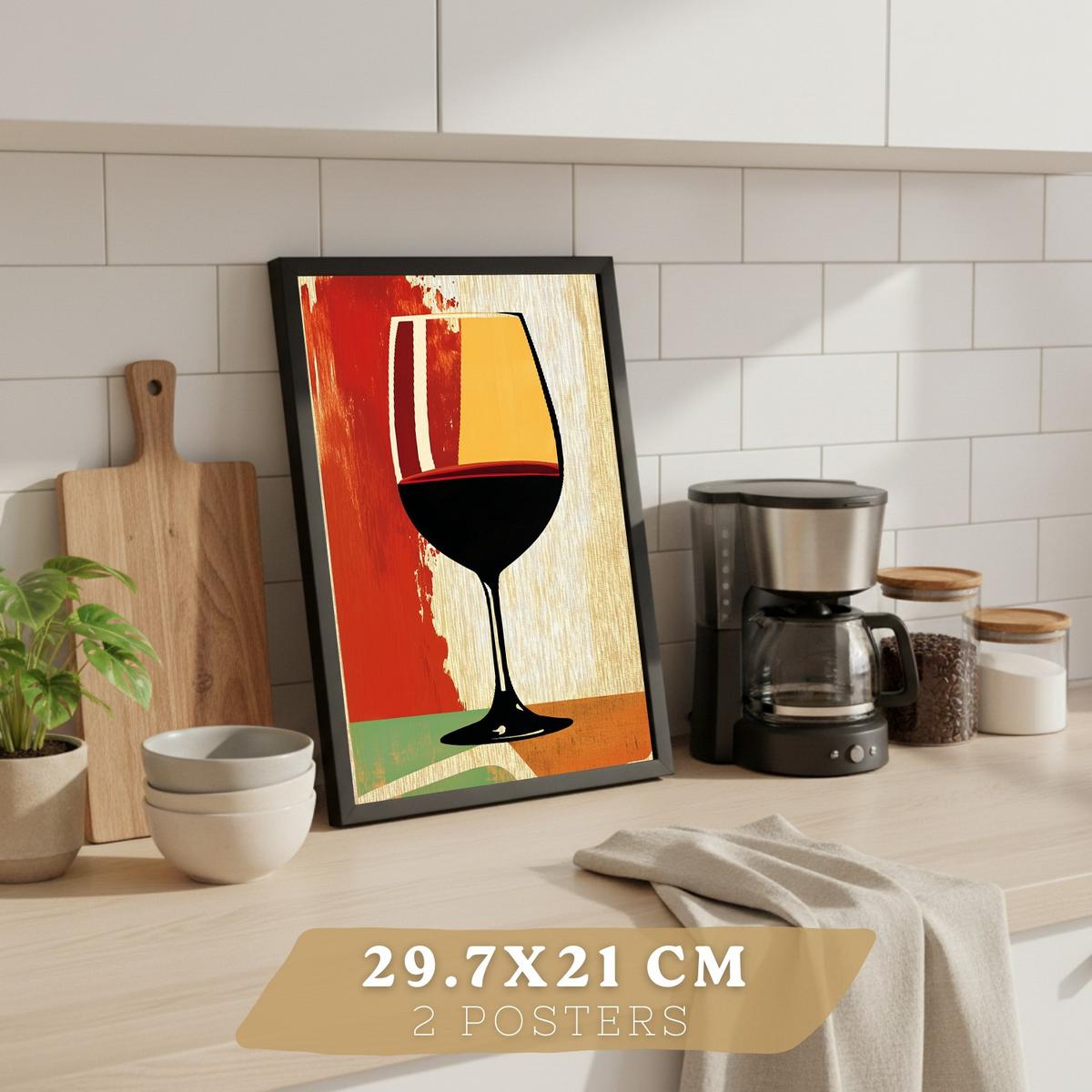 POSTER 2er Set Küchen-Wandbilder Rotwein und Pasta Vintage Retro Esszimmer Wanddeko Rahmenlos A4 - Schwarz, Papier (29.7/1/21cm) - Nacnic
