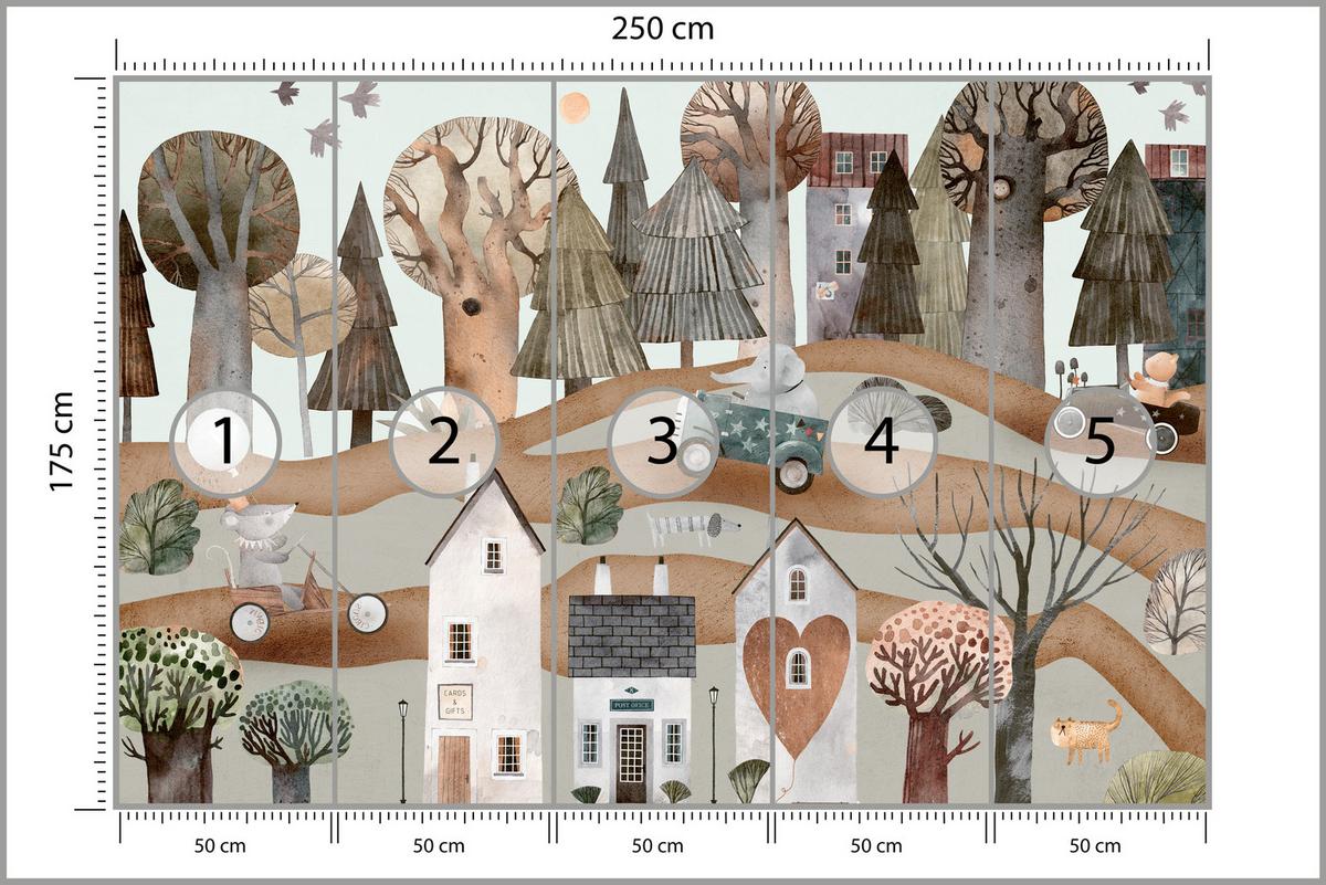 FOTOTAPETE für Kinderzimmer Fantastische Stadt Häuser Wald Tiere Autos 250x175 - Beige/Braun, Papier (250/175cm) - Muralo