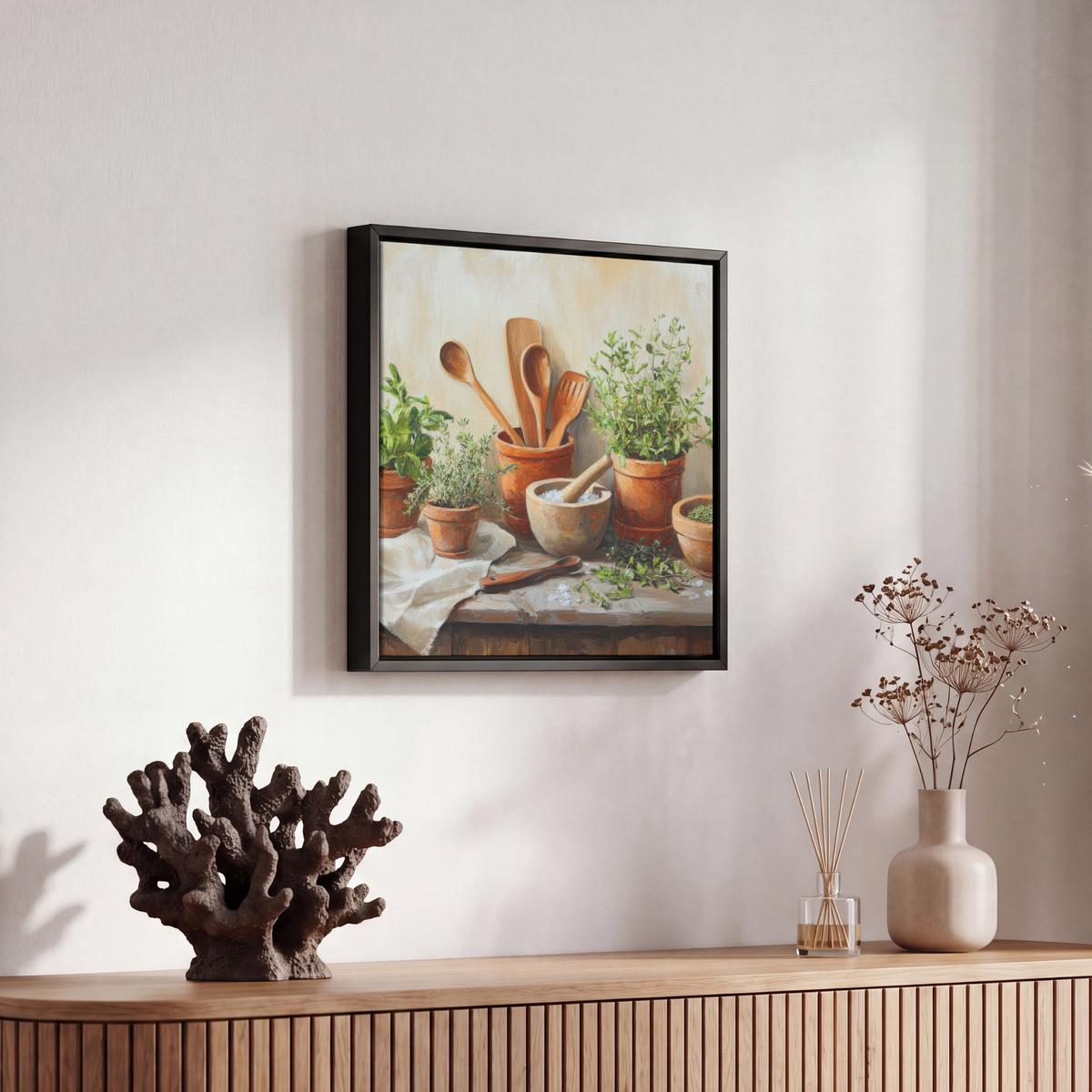 LEINWAND Bilder mit Rahmen - Töpfe - Kräuter - Holz - 20x20 - Terracotta, Textil (20/20cm) - MuchoWow