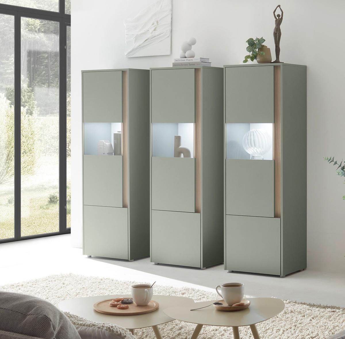 SCHRANK-SET Salbei grün, Barista Eiche 190 cm, Vitrinen-Set mit 3x Vitrine je 50x 155 cm - Salbeigrün/Eichefarben, Glas/Holzwerkstoff (190/155/40cm) - Furn.Design