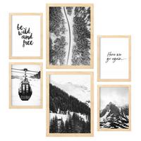 POSTER Set Mit 6 Schwarzweiß Berg Wandbild A3 & A4 Rahmen Aus Hellem Holz - Beige, Papier (29/3cm) - Nacnic