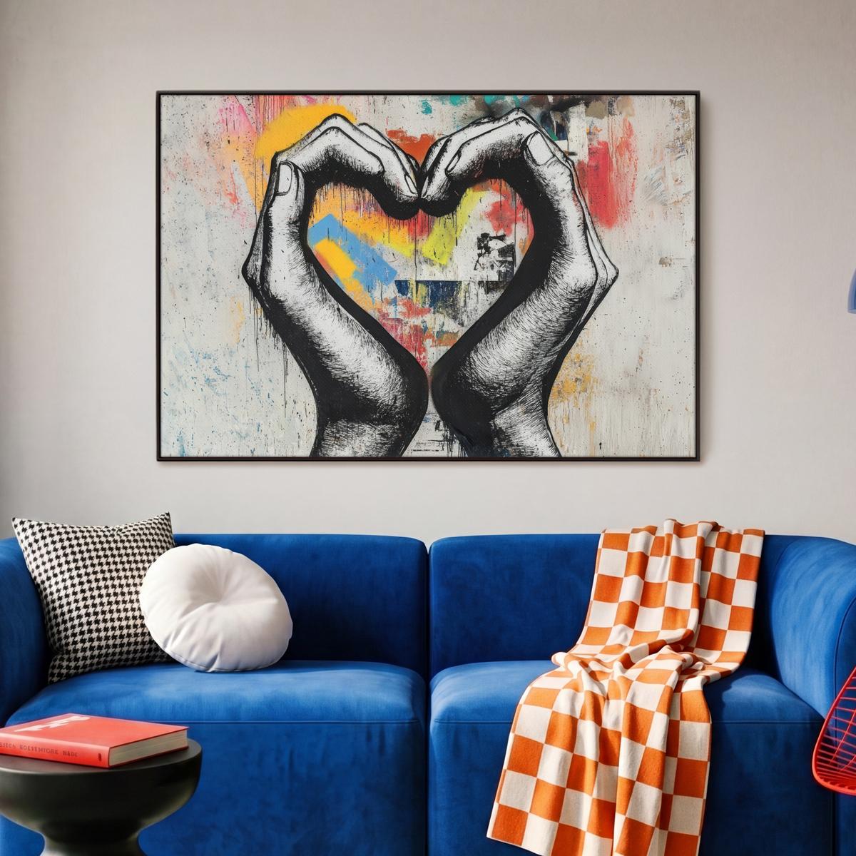 LEINWAND Bilder mit Rahmen - Hände - Herz - Straßenkunst - Graffiti - 90x60 - Multicolor, Textil (90/60cm) - MuchoWow