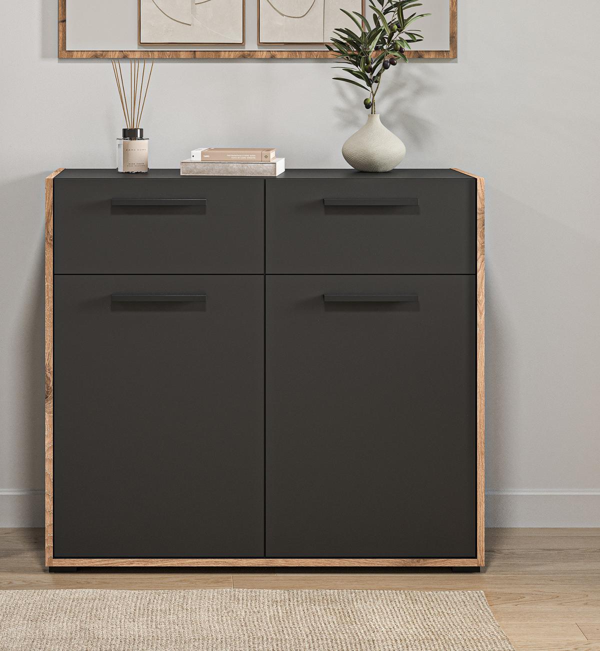 SCHUHSCHRANK grau, Nox Eiche 95 cm, Kommode mit 2 Schubkästen mit Vollauszug - Eichefarben/Schwarz, Holzwerkstoff/Kunststoff (95/86/37cm) - Inn.Furn