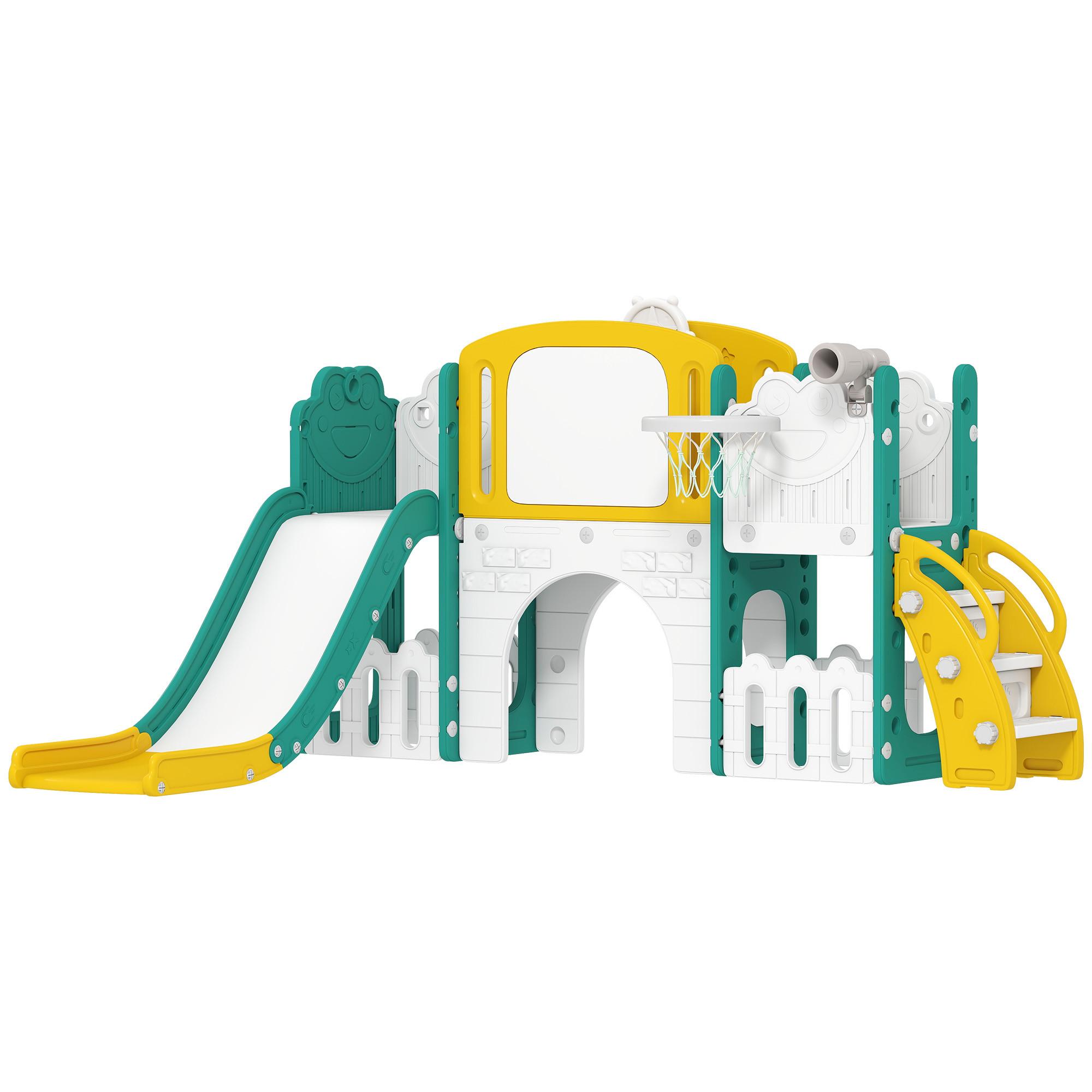 KINDERRUTSCHE 7 in 1 Indoor und Outdoor Babyrutsche mit Basketballkorb, Gelb - Gelb, Kunststoff (150/94/176cm) - AIYAPLAY