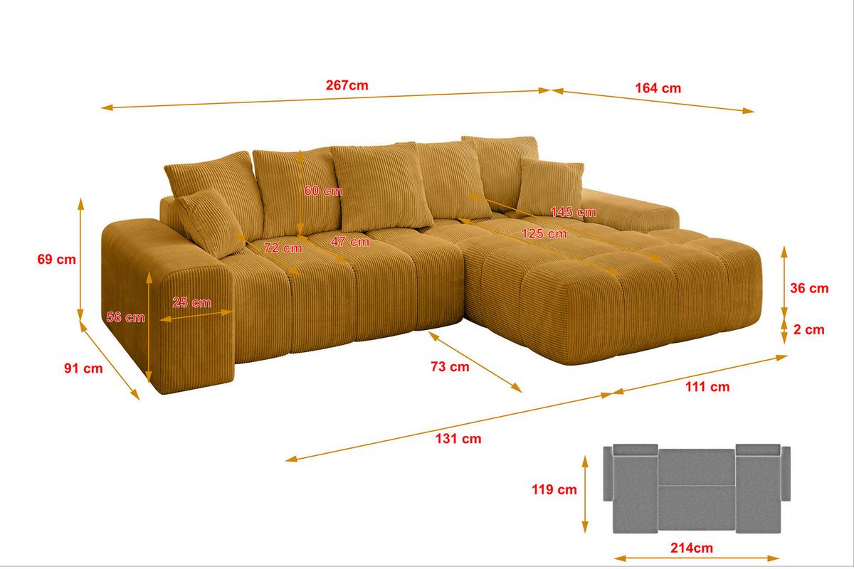 ECKSOFA Ottomane Rechts ENSI-L - 267x164x69 cm Currygelb - Currygelb, Holzwerkstoff/Kunststoff (164/267cm) - ALTDECOR