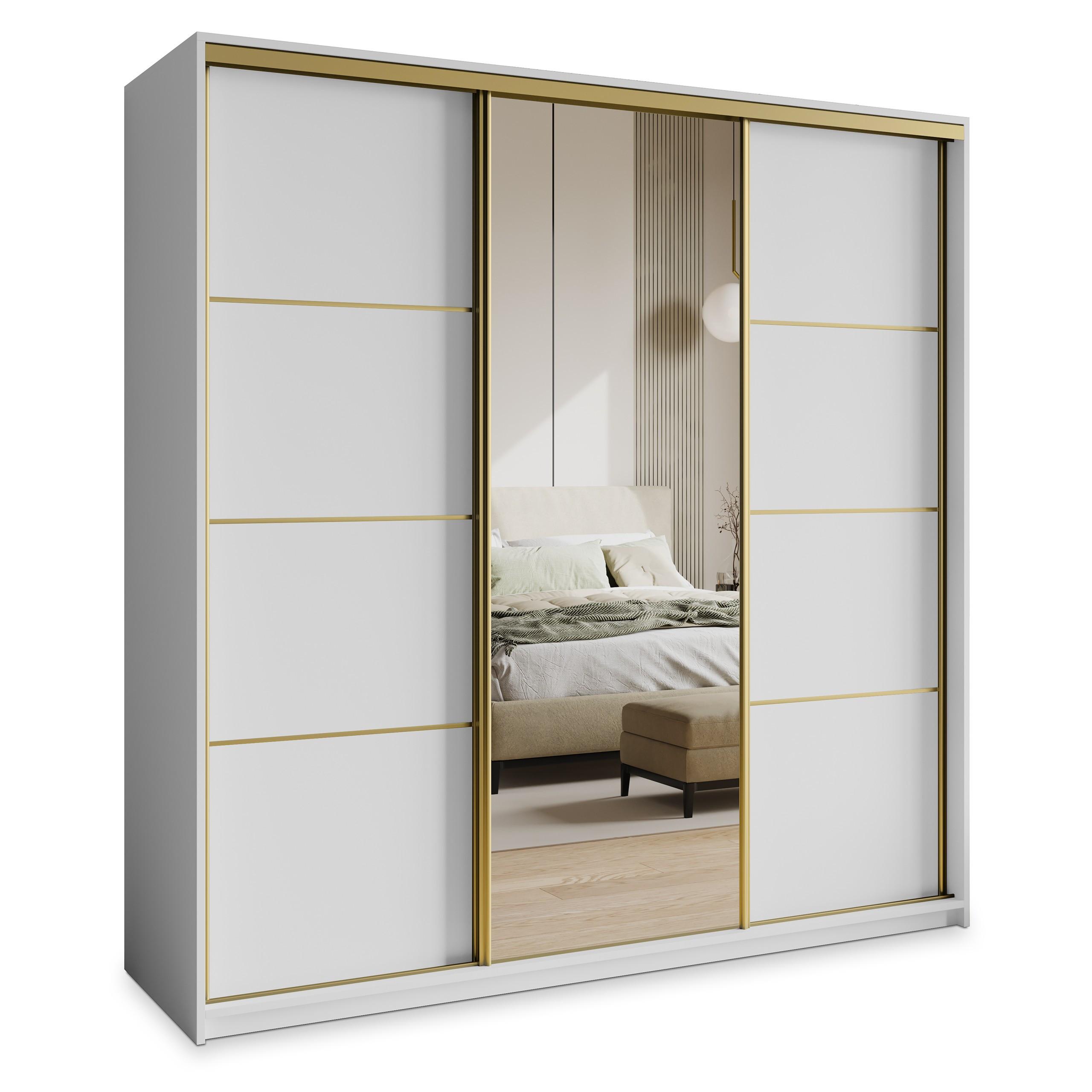 SCHWEBETÜRENSCHRANK VARO 180/205/60 cm 3-türig mit Spiegel und Schubladen Weiß - Goldfarben/Weiß, Holzwerkstoff (180/205/60cm) - MASSENO
