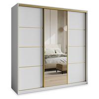 SCHWEBETÜRENSCHRANK VARO 180/205/60 cm 3-türig mit Spiegel und Schubladen Weiß - Goldfarben/Weiß, Holzwerkstoff (180/205/60cm) - MASSENO