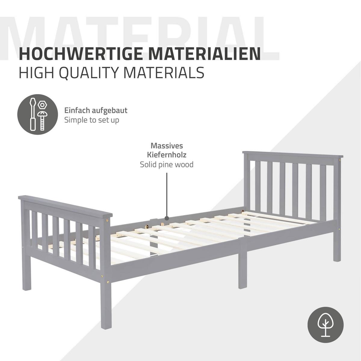 HOLZBETT 90x200 cm Hellgrau aus Kiefernholz mit Lattenrost - Hellgrau, Holz (90/200cm) - ML-DESIGN