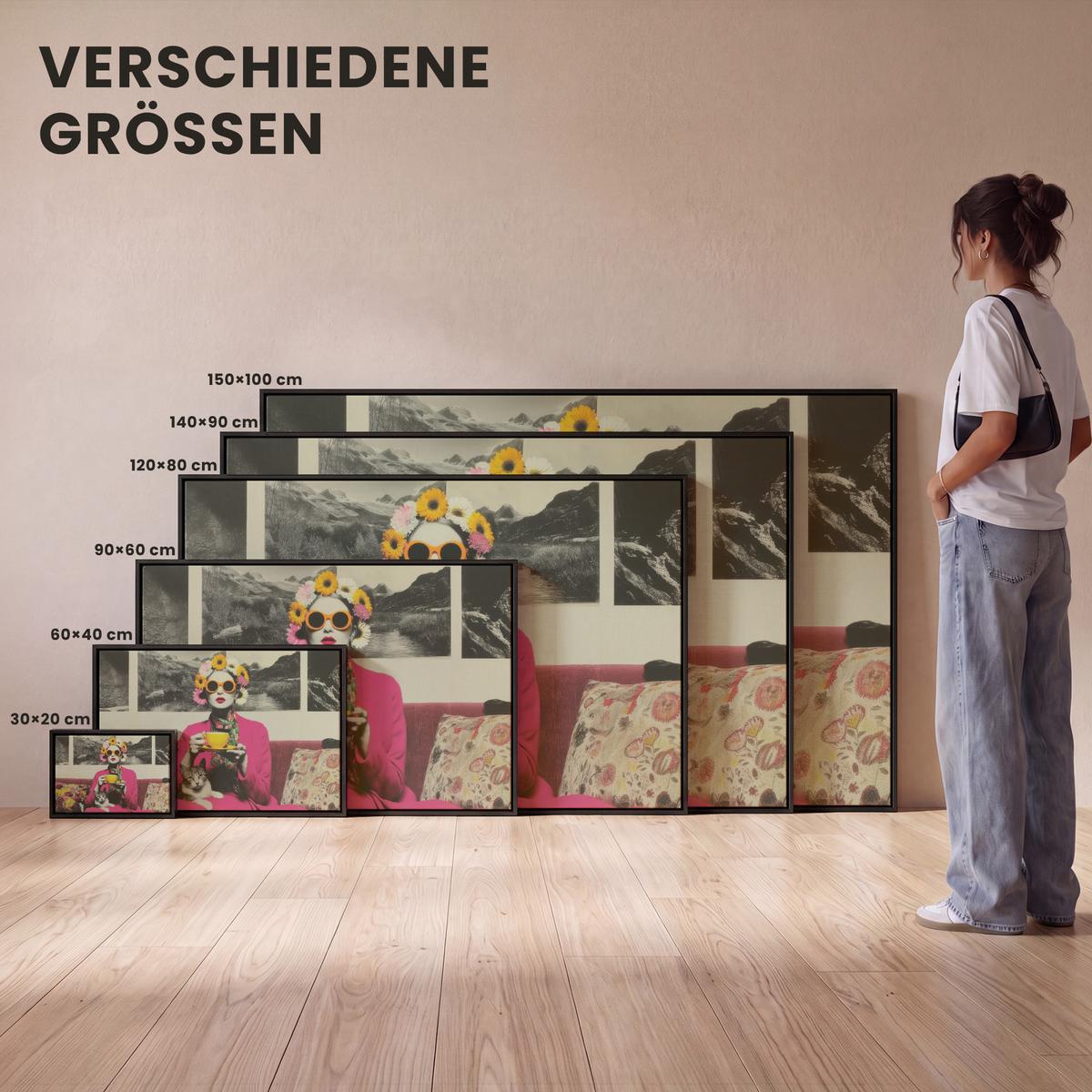 LEINWAND Bilder mit Rahmen - Frau - Katze - Blumen - Tasse - Retro - 140x90 - Magenta, Textil (140/90cm) - MuchoWow